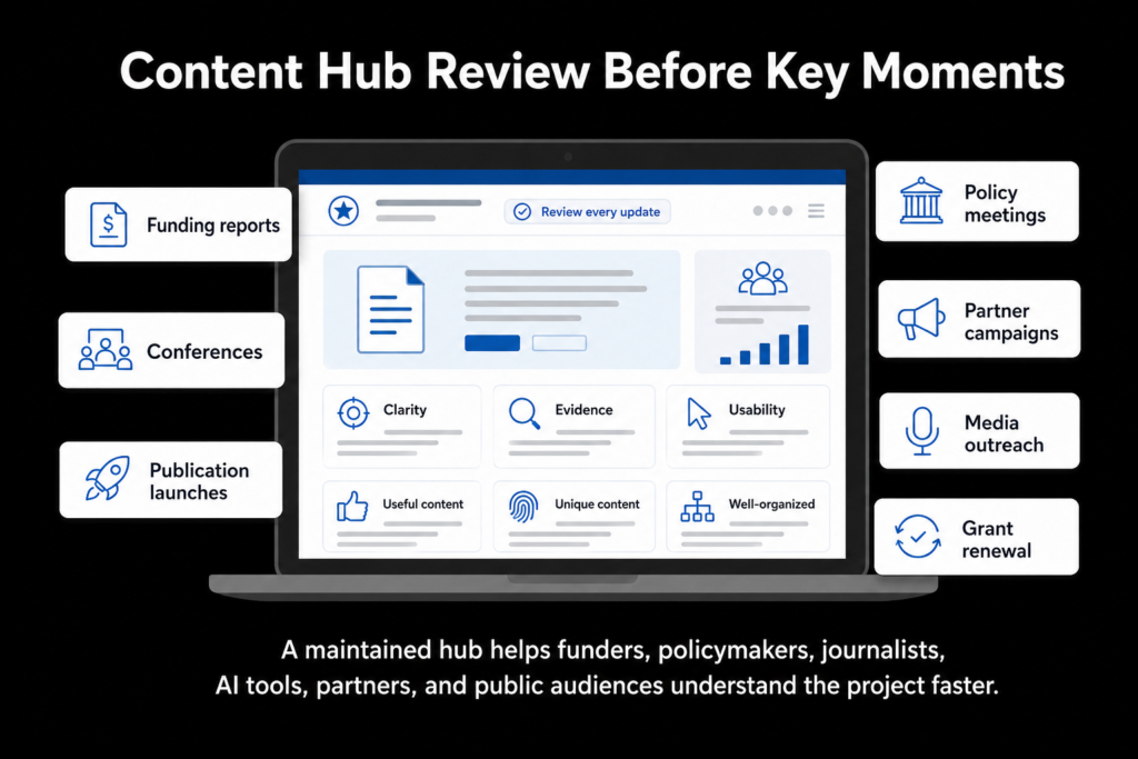 Content hub review shows funding reports, conferences, policy meetings, partner campaigns, media outreach, grant renewal