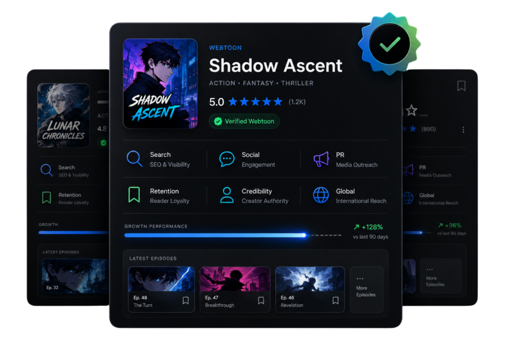 Dark webtoon marketing dashboard with verified title card, SEO, social, PR, retention, analytics, and global growth icons UI.