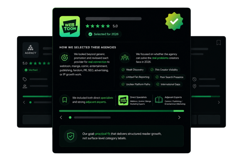 Dark webtoon selection dashboard showing verified marketing fit, creator challenges, SEO, fandom, PR, and growth criteria UI.