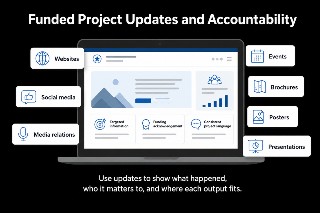 Funded project updates cover websites, social media, events, brochures, funding acknowledgement, and project languages.