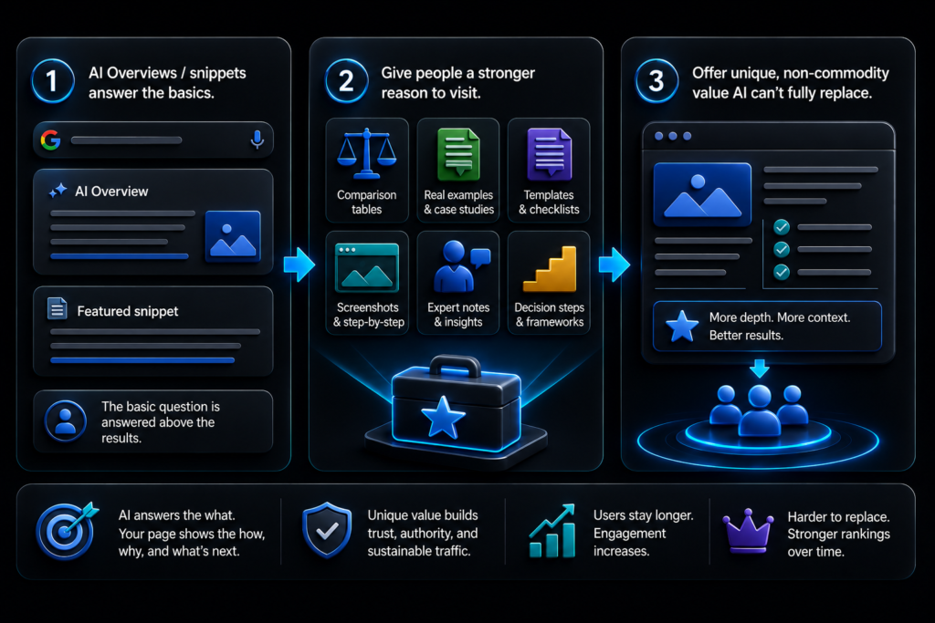 Google traffic recovery infographic showing AI Overviews, snippets, tables, templates, expert notes, and unique value in SEO