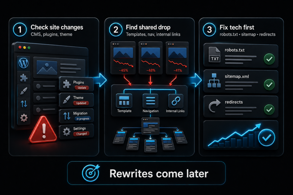 Google traffic recovery infographic showing CMS edits, plugin updates, shared template drops, internal links, and tech fixes.