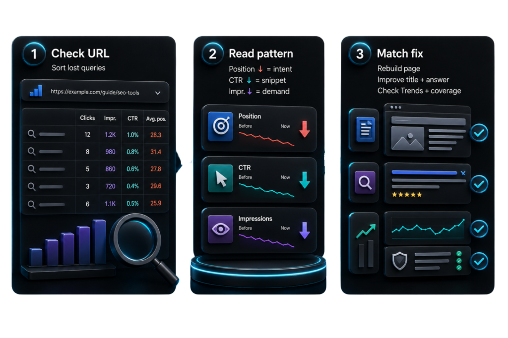 Google traffic recovery infographic showing Search Console URL checks, CTR, rankings, impressions, and fix matching actions!