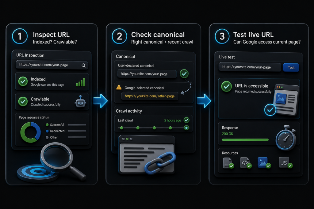 Google traffic recovery infographic showing URL Inspection, indexed status, crawlability, canonical checks and live URL test