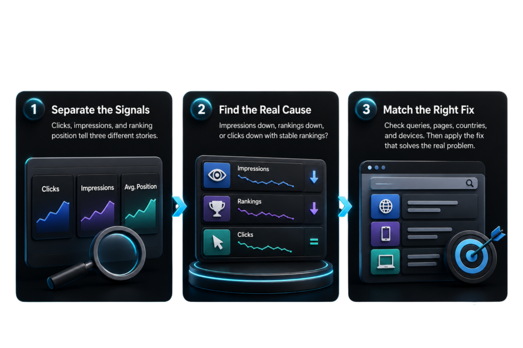 Google traffic recovery infographic showing clicks, impressions, rankings, diagnosis steps, query checks, and fixes by page.