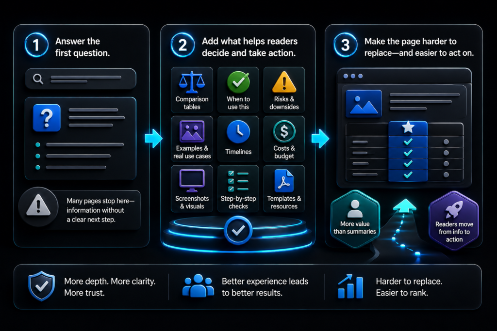 Google traffic recovery infographic showing comparison tables, risks, examples, timelines, costs, and next action steps now