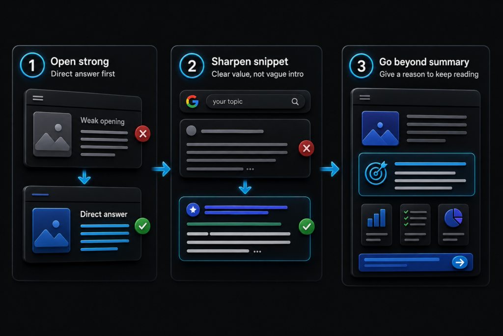 Google traffic recovery infographic showing direct-answer openings, clearer snippets, and stronger page value signals in SEO
