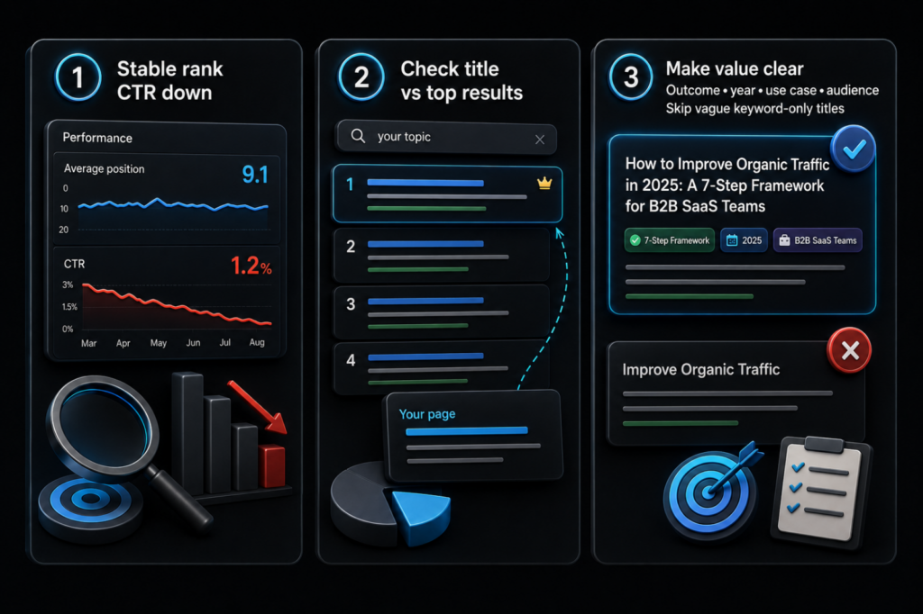 Google traffic recovery infographic showing stable rankings, CTR drop, title checks, top results, and clearer page value now.