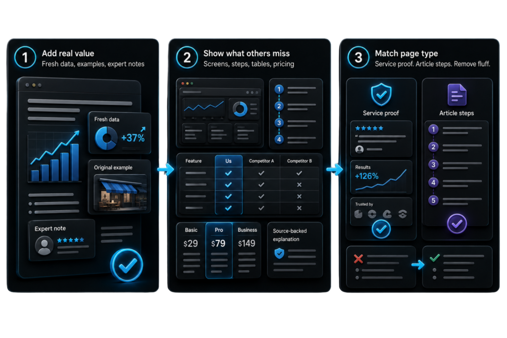 Google traffic recovery infographic showing useful content upgrades, fresh data, screenshots, proof, and action steps in SEO.