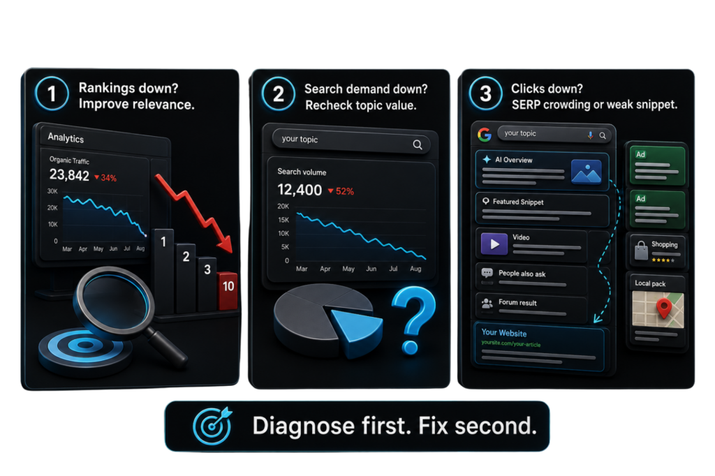 Lost Google traffic infographic showing rankings, demand drops, click loss, SERP crowding and diagnosis-first recovery steps