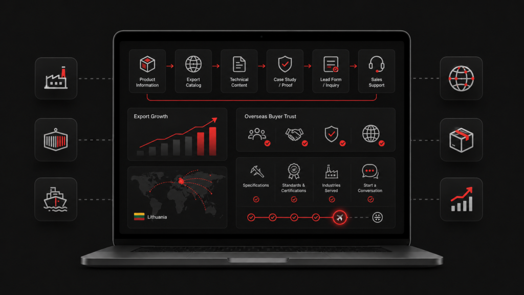 Manufacturing marketing in Lithuania dashboard shows export content flow, buyer trust proof, sales support, and global paths