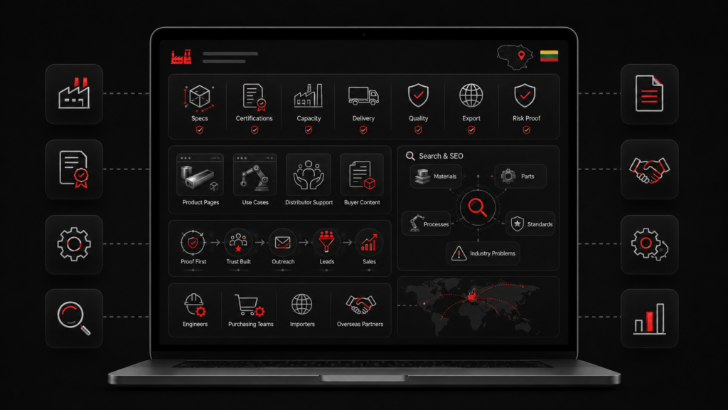 Manufacturing marketing in Lithuania dashboard shows specs, certifications, SEO, buyer proof, export paths, and B2B lead gen.