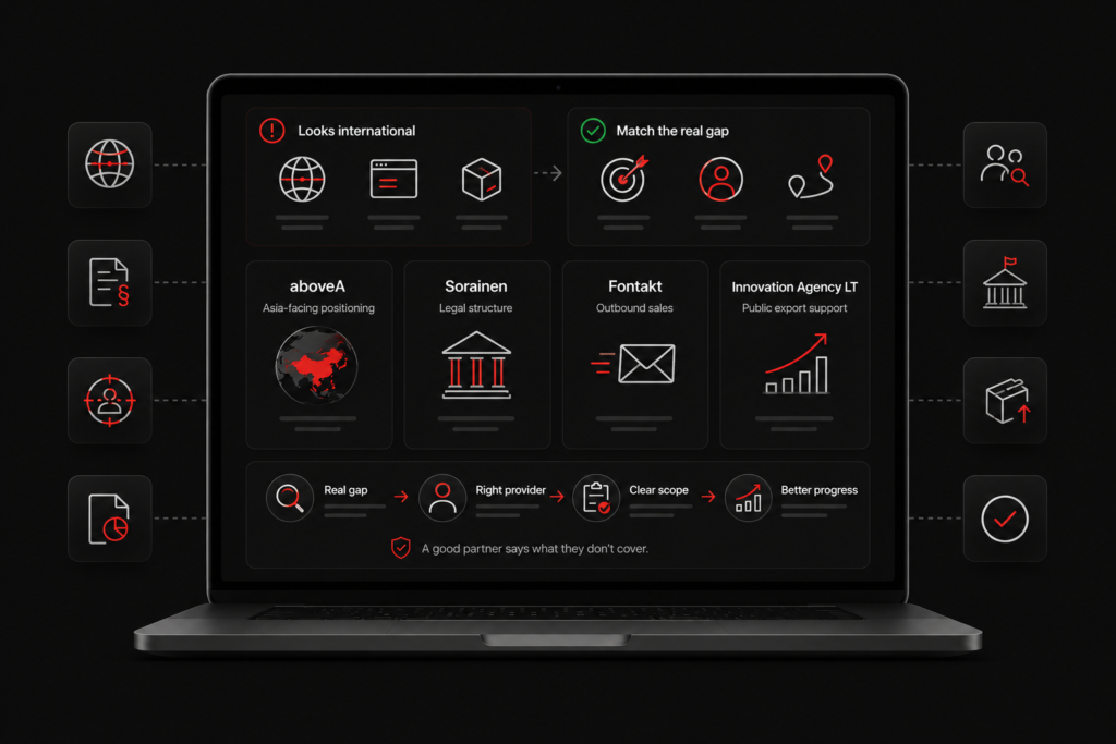 overseas expansion agency in Lithuania dashboard shows provider fit, real gap matching, legal, outbound, and export support