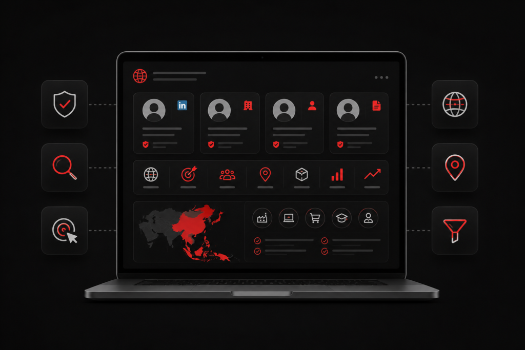 Market-entry specialists in Asia dashboard shows proof icons, expert profiles, sector fit, Asia map, and outreach filters too