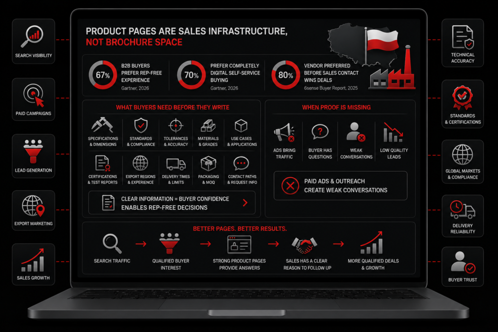 Polish manufacturing marketing dashboard shows product pages as sales infrastructure, buyer proof, rep-free buying and leads