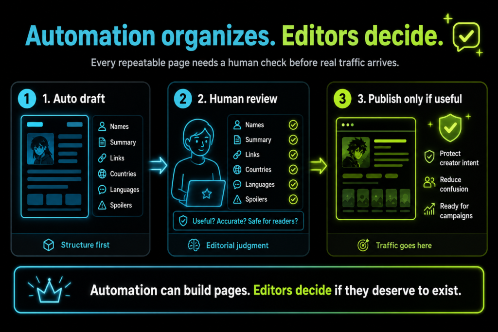 Programmatic SEO infographic showing automation drafts, human review, and editor checks before webtoon pages publish