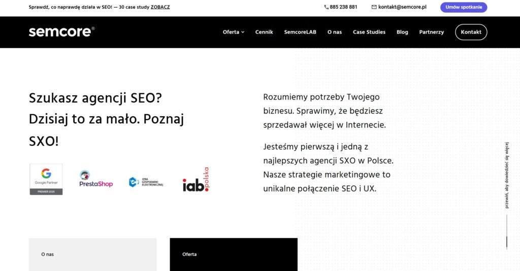 SEMCORE agency technical SEO, SXO, UXUI audits, content strategy, conversion optimization, reporting, and AI-supported SEO processes