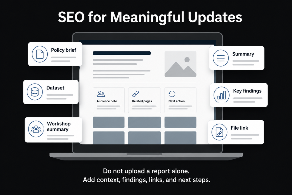 SEO for meaningful updates with a laptop page, policy brief, dataset, summary, key findings, file link, and next action.