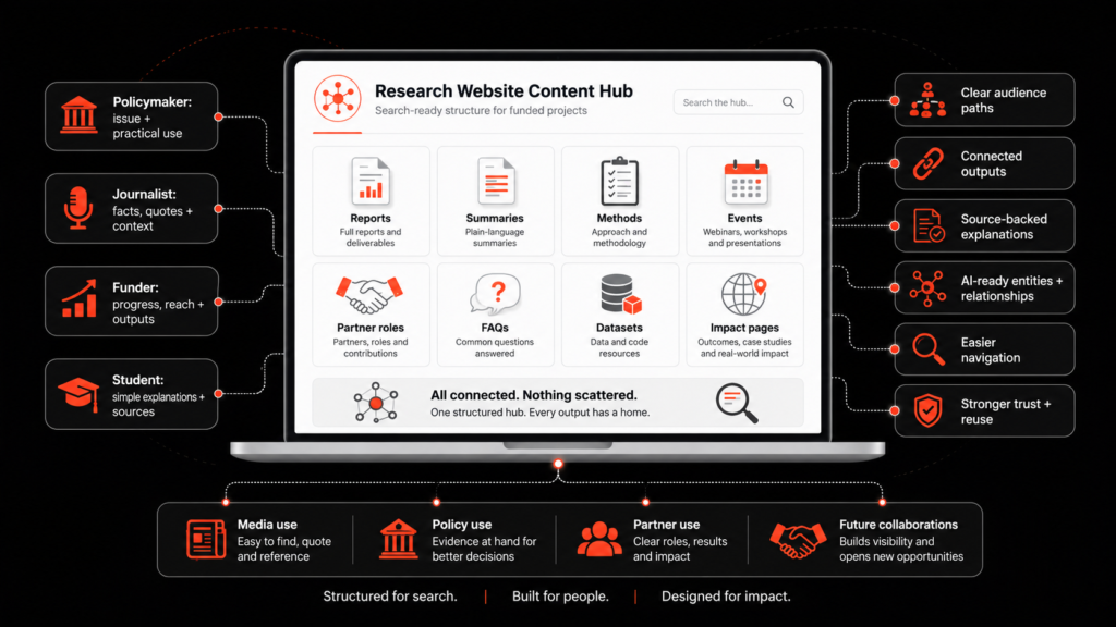 SEO for research websites infographic shows content hub paths for policymakers, journalists, funders, students, and AI