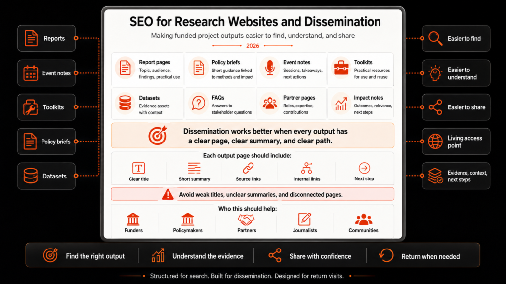 SEO for research websites infographic shows reports, briefs, datasets, page summaries, source link, audiences and reuse.