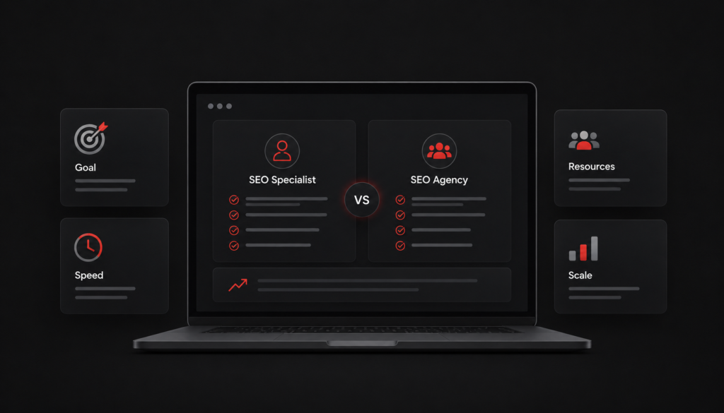 SEO specialists in Thailand comparison dashboard shows specialist versus agency fit by goals, speed, resources, and scale use