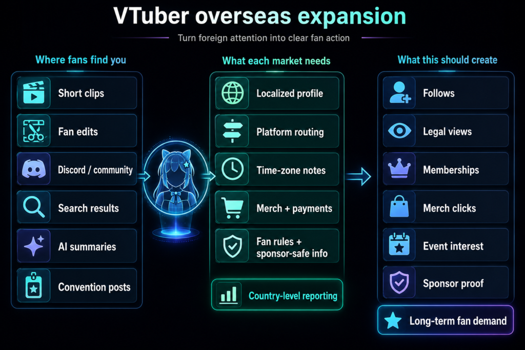 VTuber overseas expansion maps fan discovery to market setup, follows, views, merch clicks, events, and sponsor proof actions