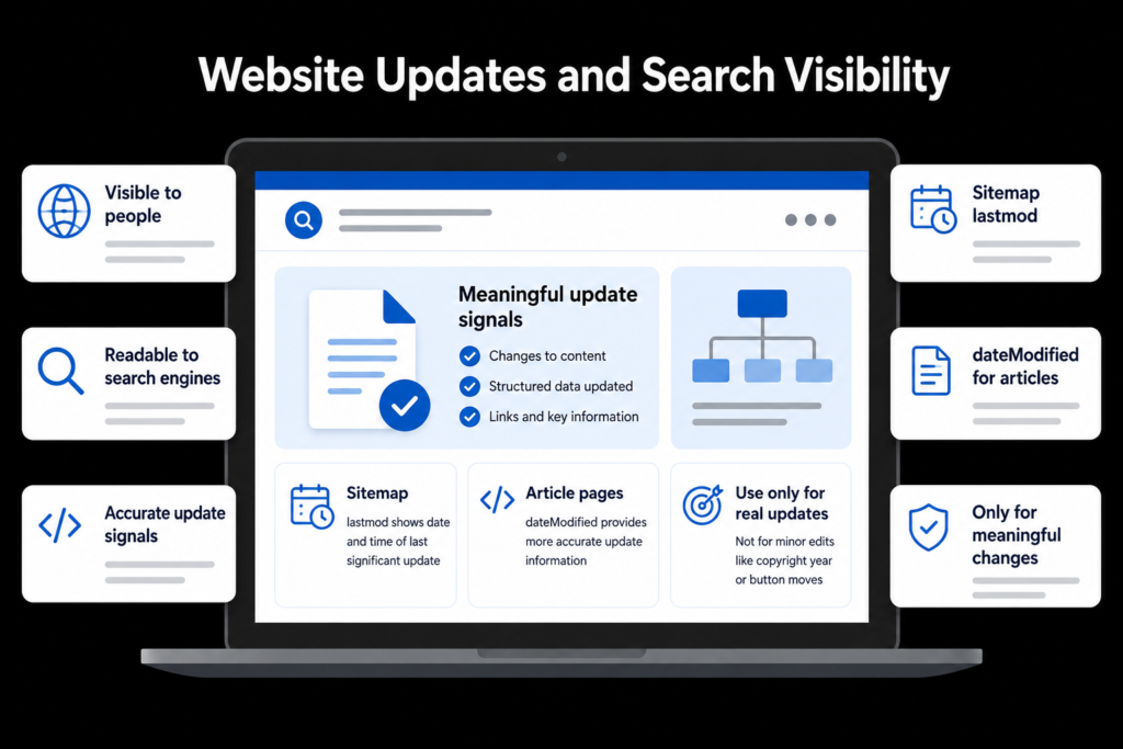 Website updates show lastmod, dateModified, real content, data, link, and method changes for stronger search visibility.