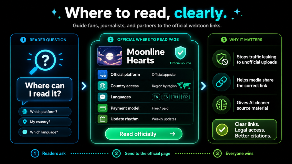 Where to read infographic showing official webtoon access, country links, languages, payment model, update schedule tips