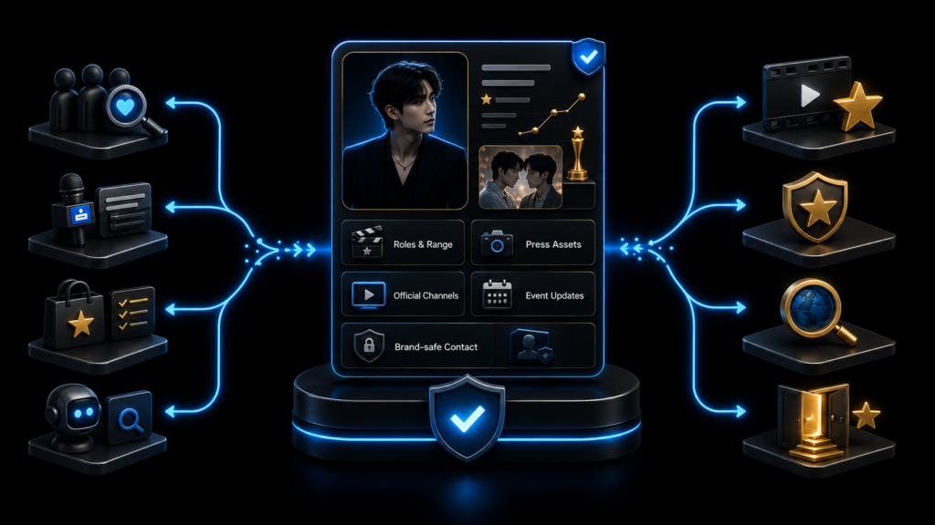 showing roles and range, press assets, official channels, event updates, brand-safe contact, and a verified profile connecting fans, media, sp