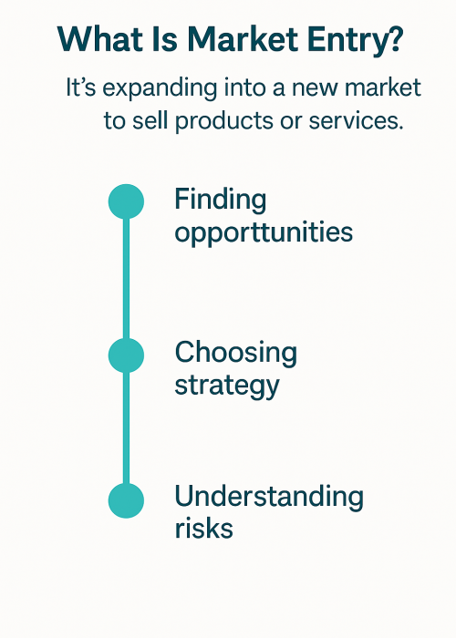 Vertical infographic explaining market entry as expanding into new markets, with a timeline showing steps: finding opportunities, choosing strategy, and understanding risks. Vertical infographic explaining market entry as expanding into new markets, with a timeline showing steps: finding opportunities, choosing strategy, and understanding risks.